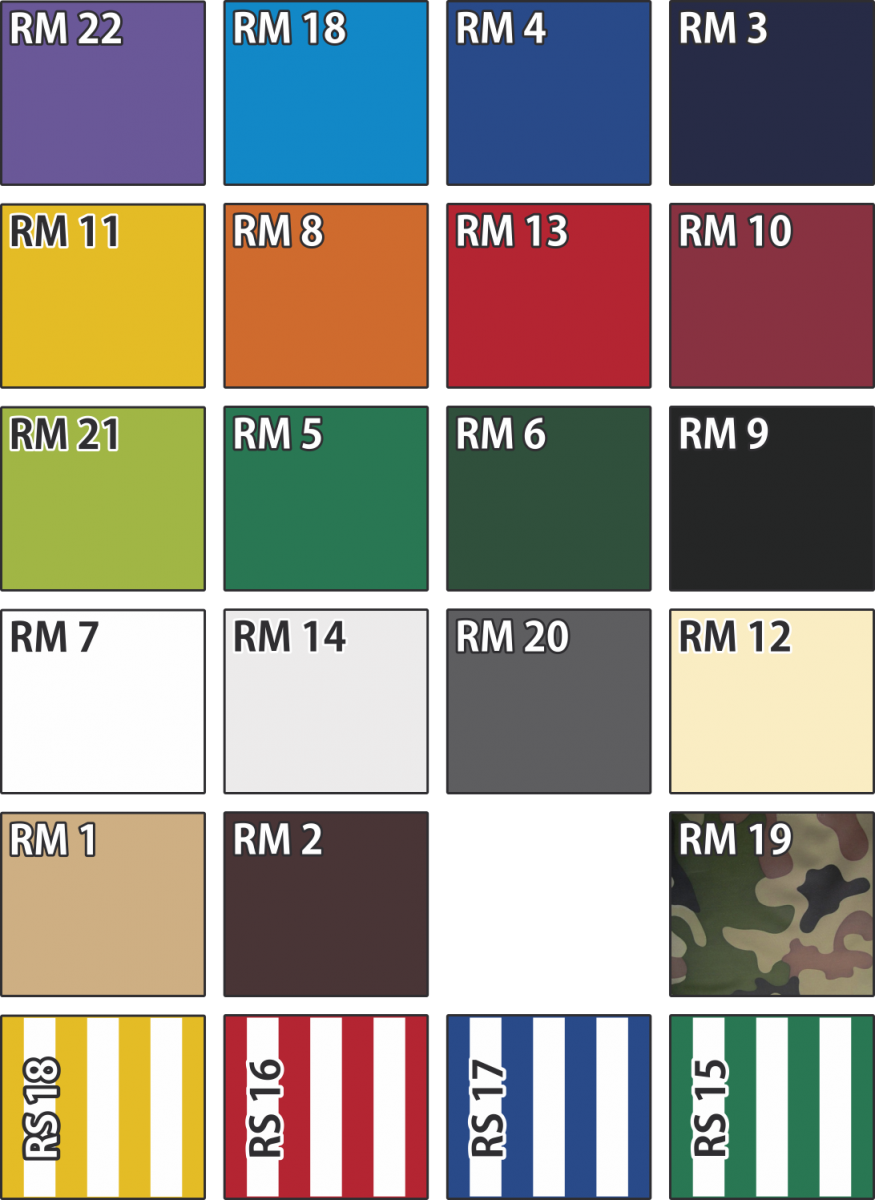 Wzornik, paleta dostępnch kolorów namiotów ekspresowych